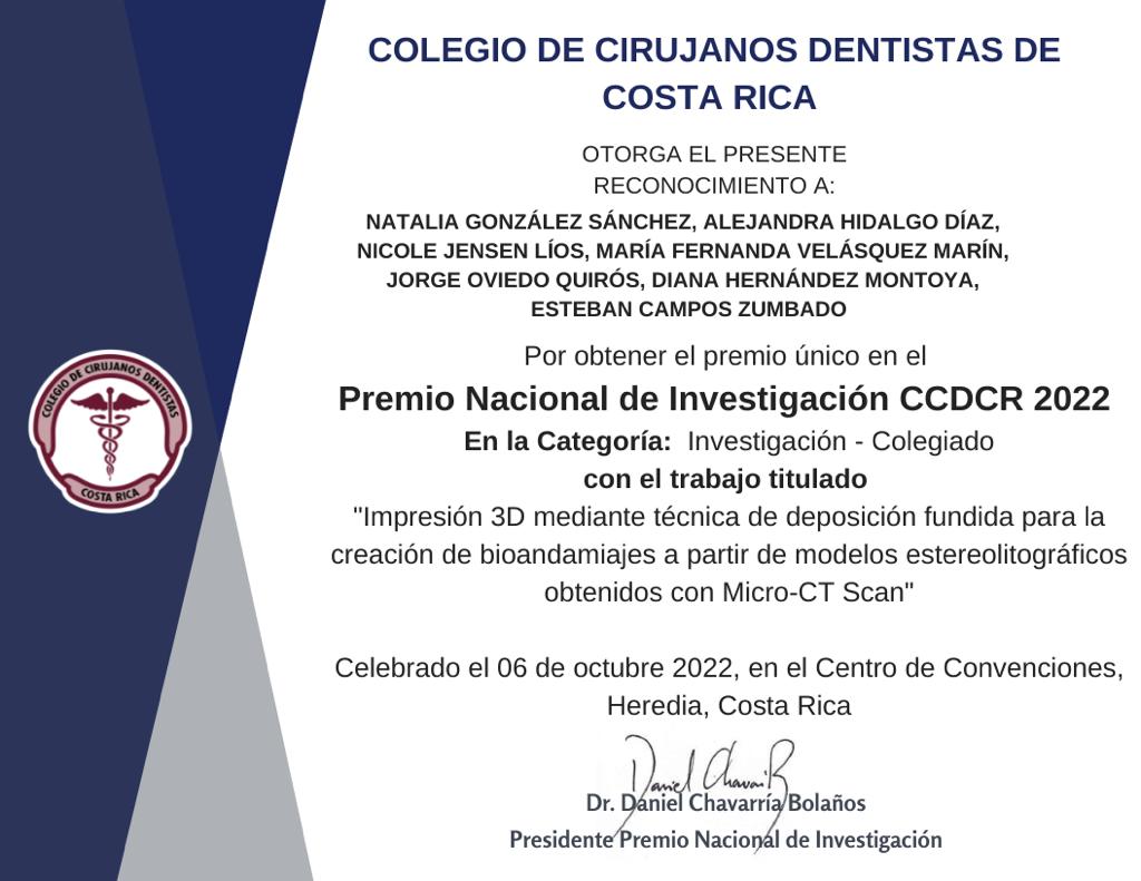 Certificado del Colegio de Cirujanos Dentistas de Costa Rica, 2022