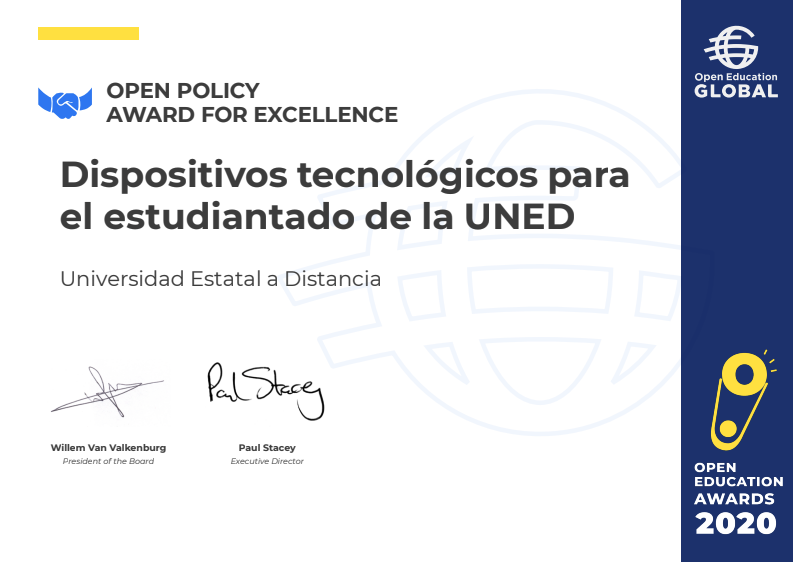 Certificado al premio Dispositivos tecnológicos para el estudiantado de la UNED